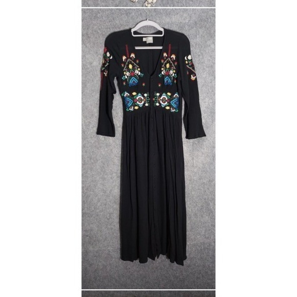 Asos Dress 0 Midi Crepe Crinkle Embroidered Festival Boho Southwestern Cottage